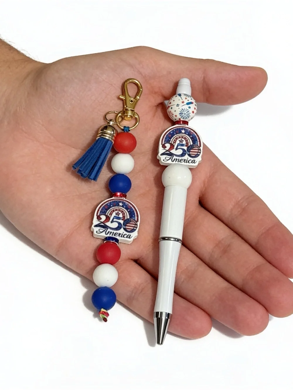 Patriotic 4th of July Beaded Pen Keychain Wristlet Set USA Gnome Gift BTJ